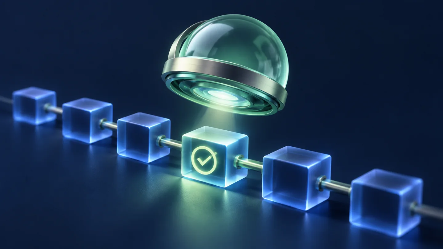 An observation lens above connected transaction blocks illustrating read-only wallet monitoring.
