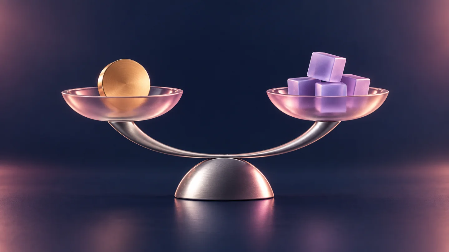 A balance sculpture with distinct tokens illustrating the difference between portfolio contributions and gains.