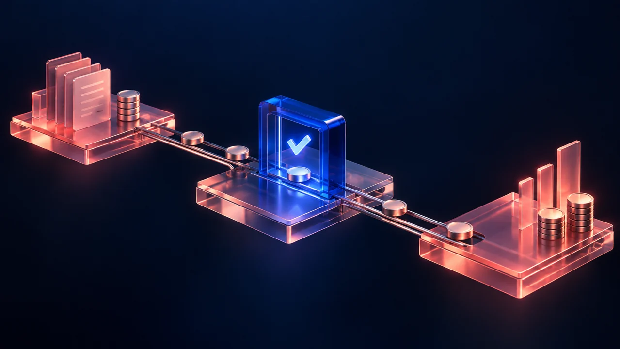 Financial tokens pass through an approval gate connecting glass platforms, illustrating a controlled AI agent workflow.
