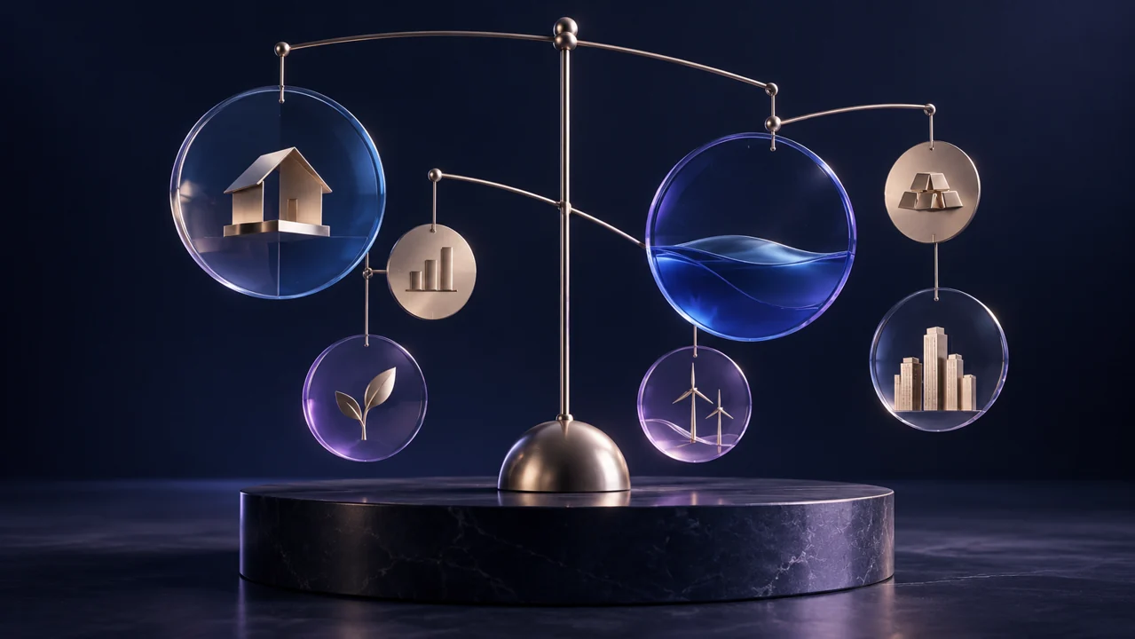 A balanced glass mobile connects symbols of different assets, illustrating a coordinated view of wealth.
