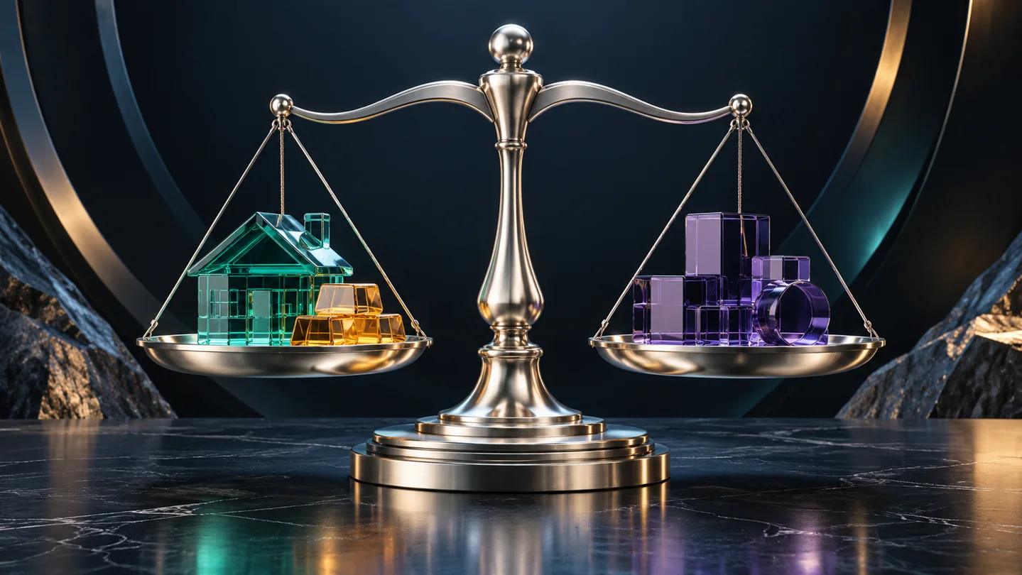 Glass house and asset blocks on a metal balance scale illustrate comparing assets and liabilities.