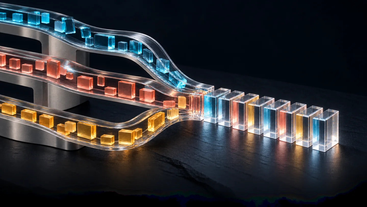 Colored glass records flow through three channels into aligned prisms, illustrating financial data aggregation.