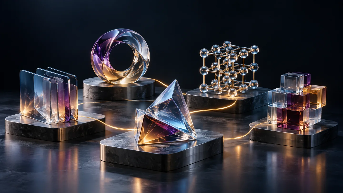 Distinct glass sculptures on connected plinths illustrate a marketplace of specialized AI agents.