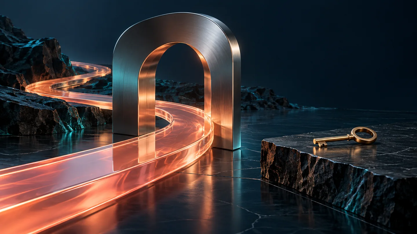 A glass path passes through a metal gateway beside an isolated key, illustrating separate wallet authorization.