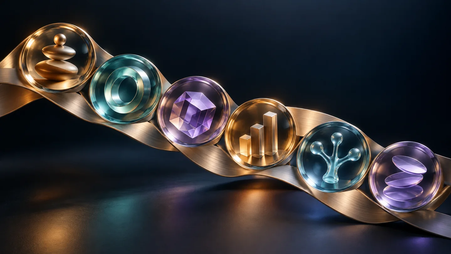Six colored glass lenses on a metal ribbon illustrate different views of a connected financial picture.