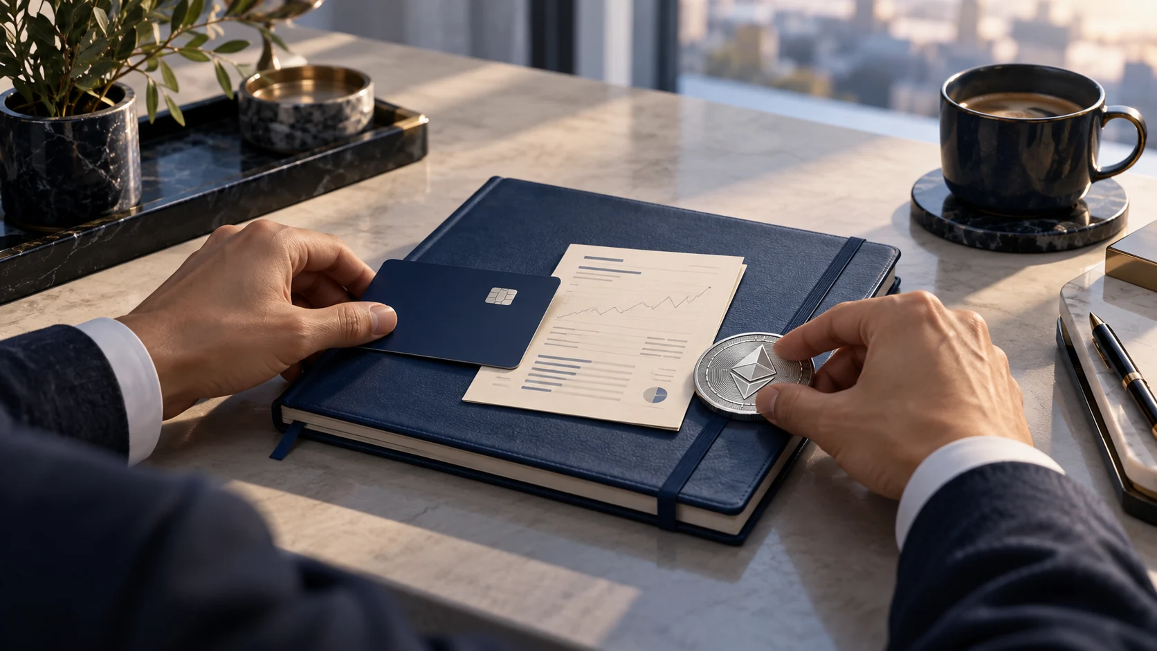 Hands organizing a bank card, investment statement and digital-asset token, illustrating a unified financial view.