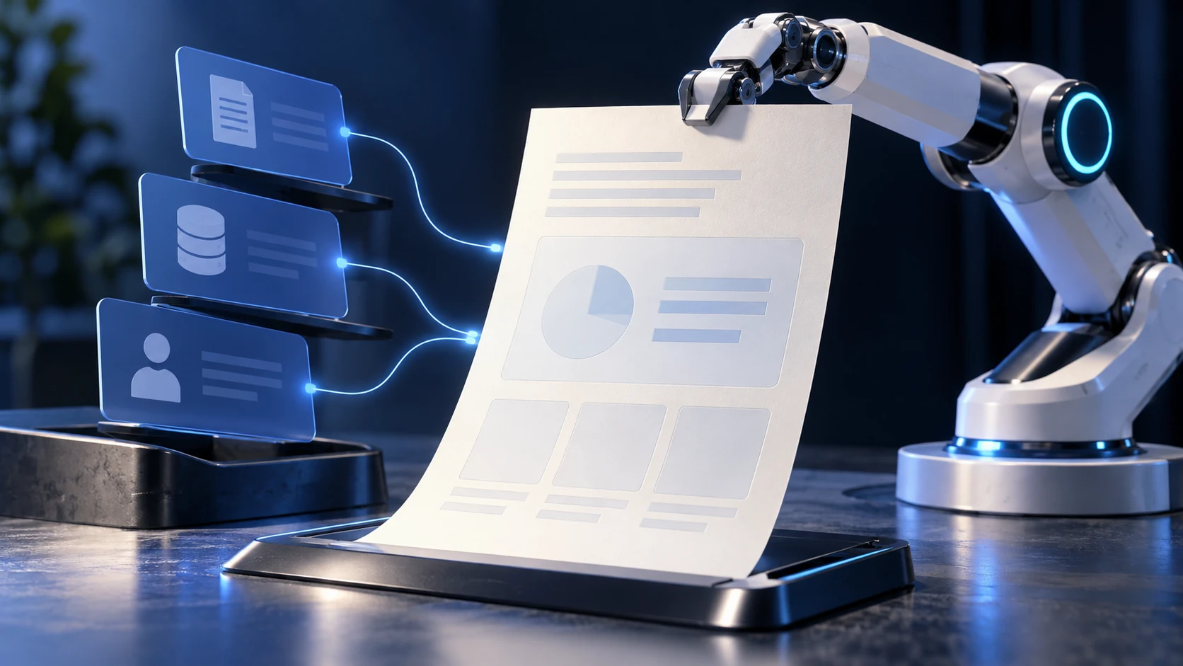 A small robotic desk arm assembling a report from data cards, illustrating a financial summary agent.