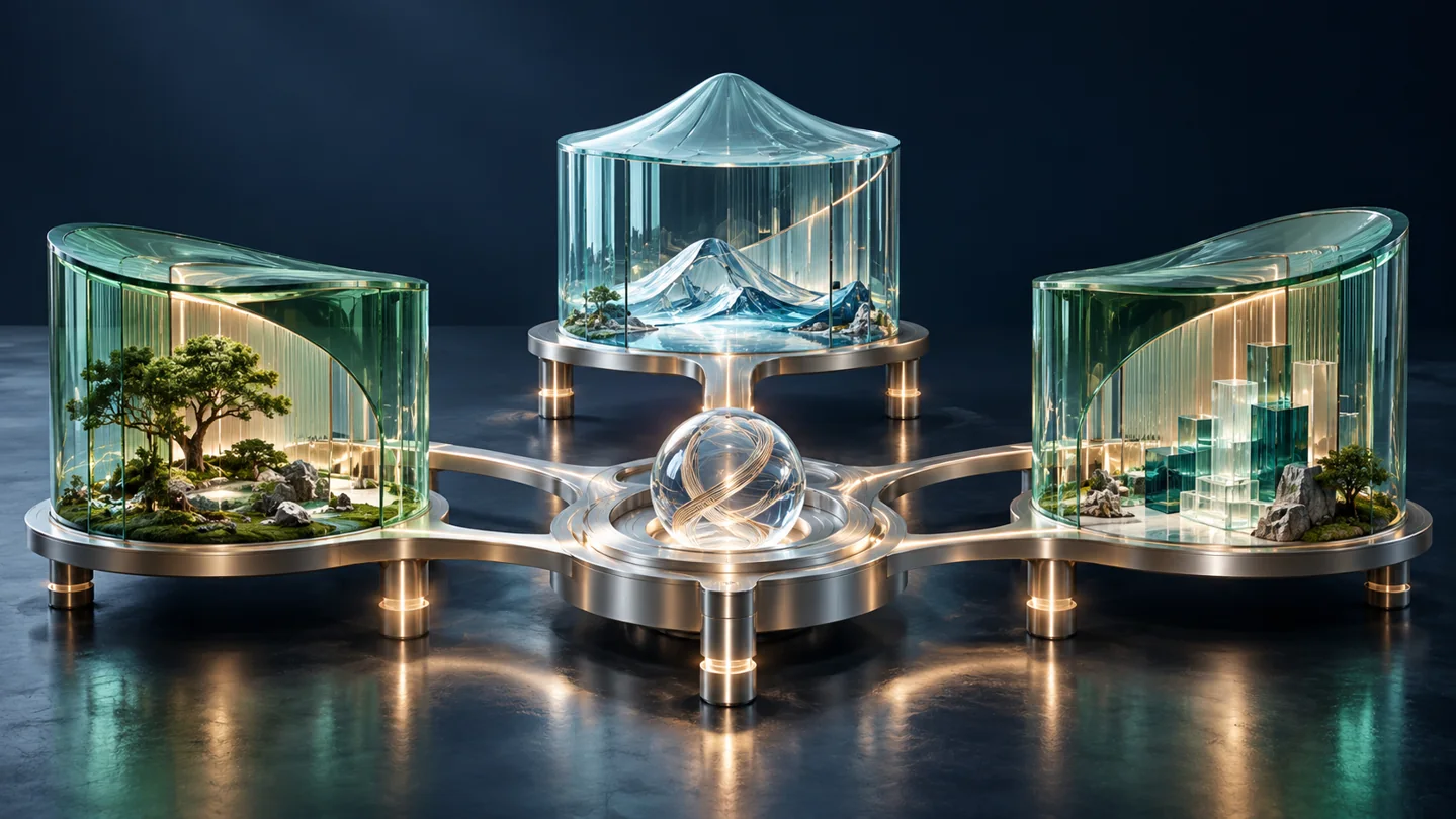 Three glass pavilions connect to a shared silver foundation, illustrating complementary platform roles.