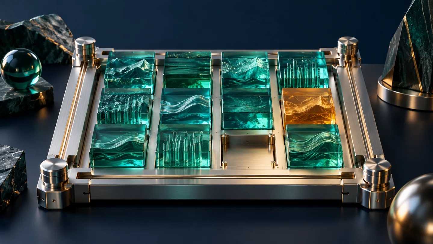 Glass data blocks sit in a calibration frame with one empty space and one amber exception block; conceptual API testing illustration.
