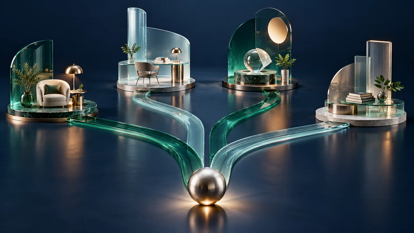 Four glass paths lead from one starting point to distinct workspaces, illustrating task-based assistant selection.