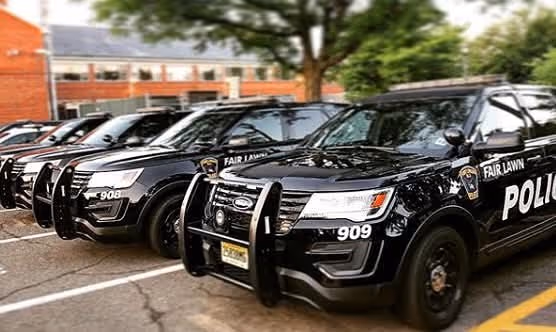 Row of black Fair Lawn police SUVs parked outdoors with visible badges and unit numbers.
