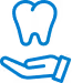 Blue line icon of a tooth above an open hand symbolizing dental care or support.