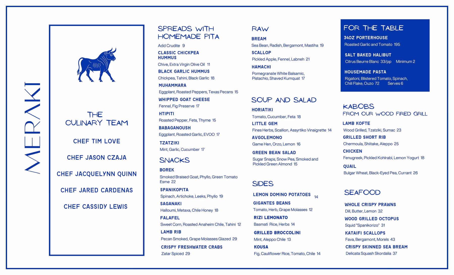 Meraki food menu: spreads, snacks, raw, soup and salad, sides, kabobs, seafood and For the Table, in a blue border
