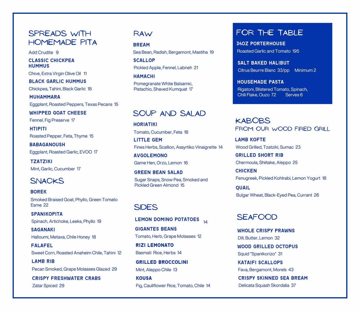 Meraki food menu: spreads, snacks, raw, soup and salad, sides, kabobs, seafood and For the Table, in a blue border