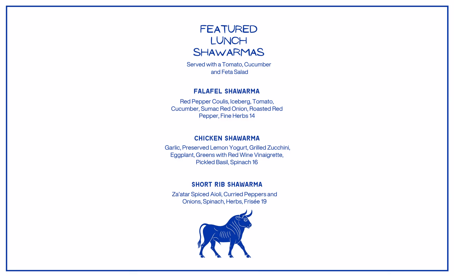 Meraki Featured Lunch Shawarmas menu: falafel, chicken and short rib shawarmas with prices, blue border and bull icon