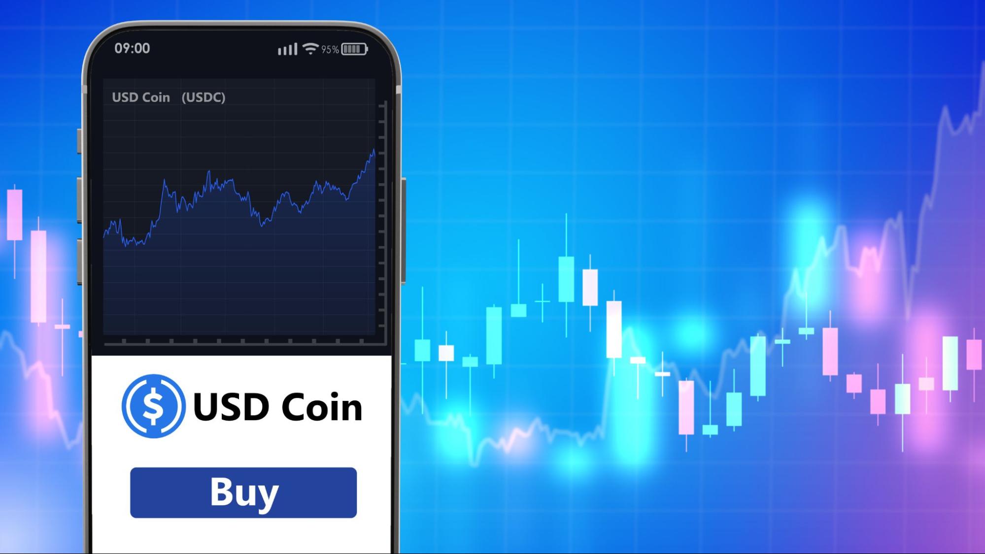 USD coin. Phone application of cryptocurrency exchange.