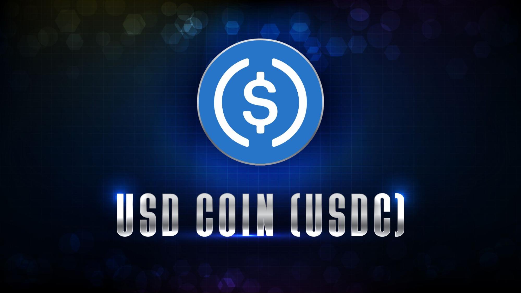 Abstract futuristic technology background of USD Coin (USDC) coin digital cryptocurrency.