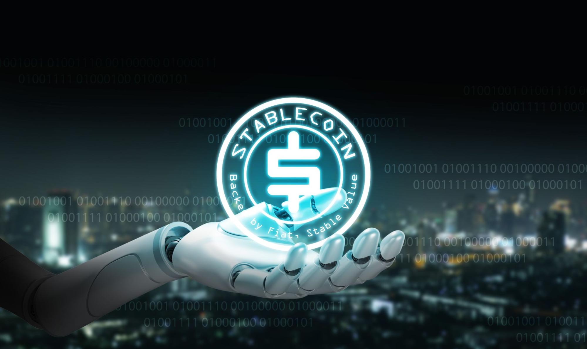 Artificial intelligence robot hand holding glowing stablecoin symbol over digital city skyline.