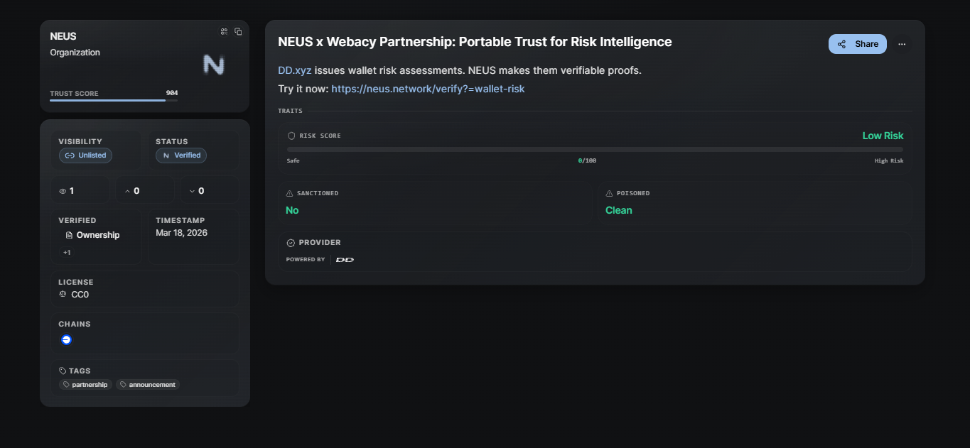 How Will Agents Know Who to Trust? NEUS Network Integrates with Webacy