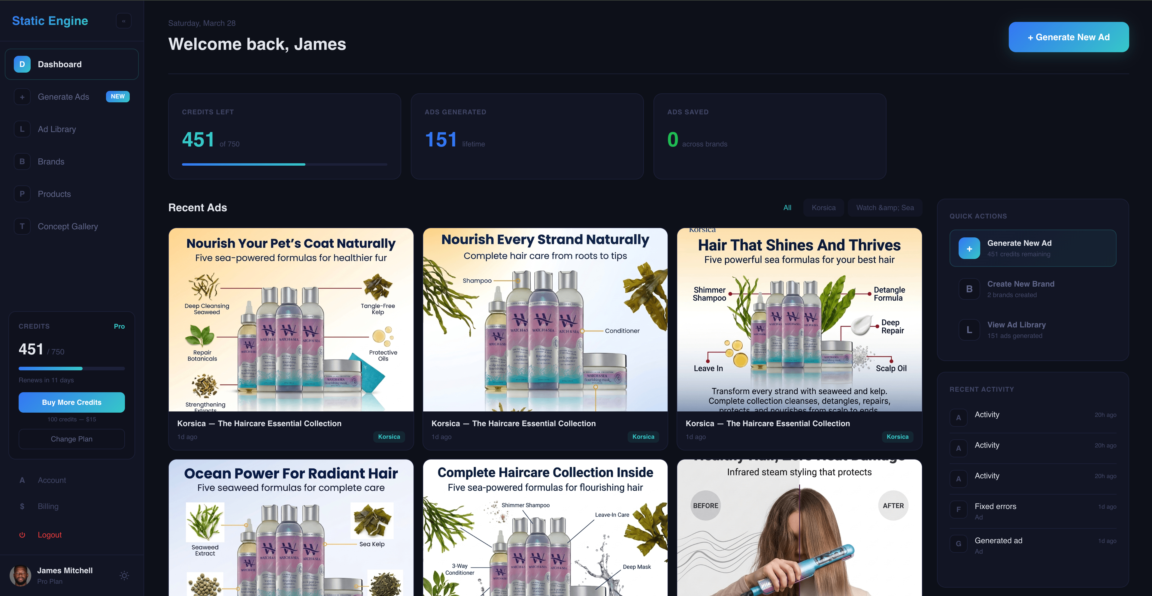 Dashboard interface of Static Engine showing credits left, ads generated, ads saved, and Canva templates, with recent ads featuring Korsica Dog Calming Pheromone Diffuser.