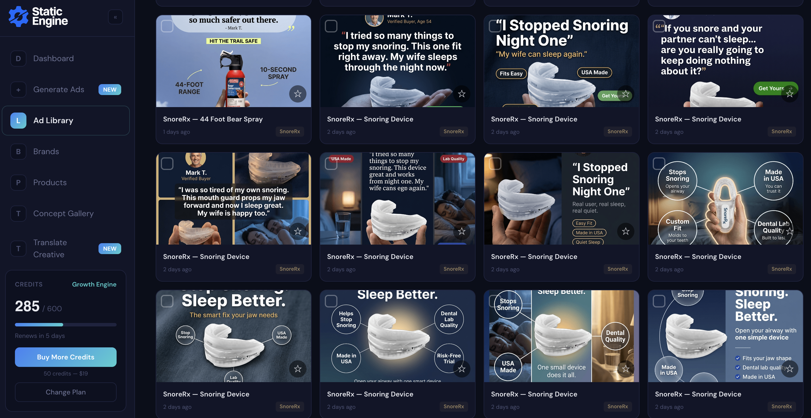 Dashboard interface of Static Engine showing credits left, ads generated, ads saved, and Canva templates, with recent ads featuring Korsica Dog Calming Pheromone Diffuser.
