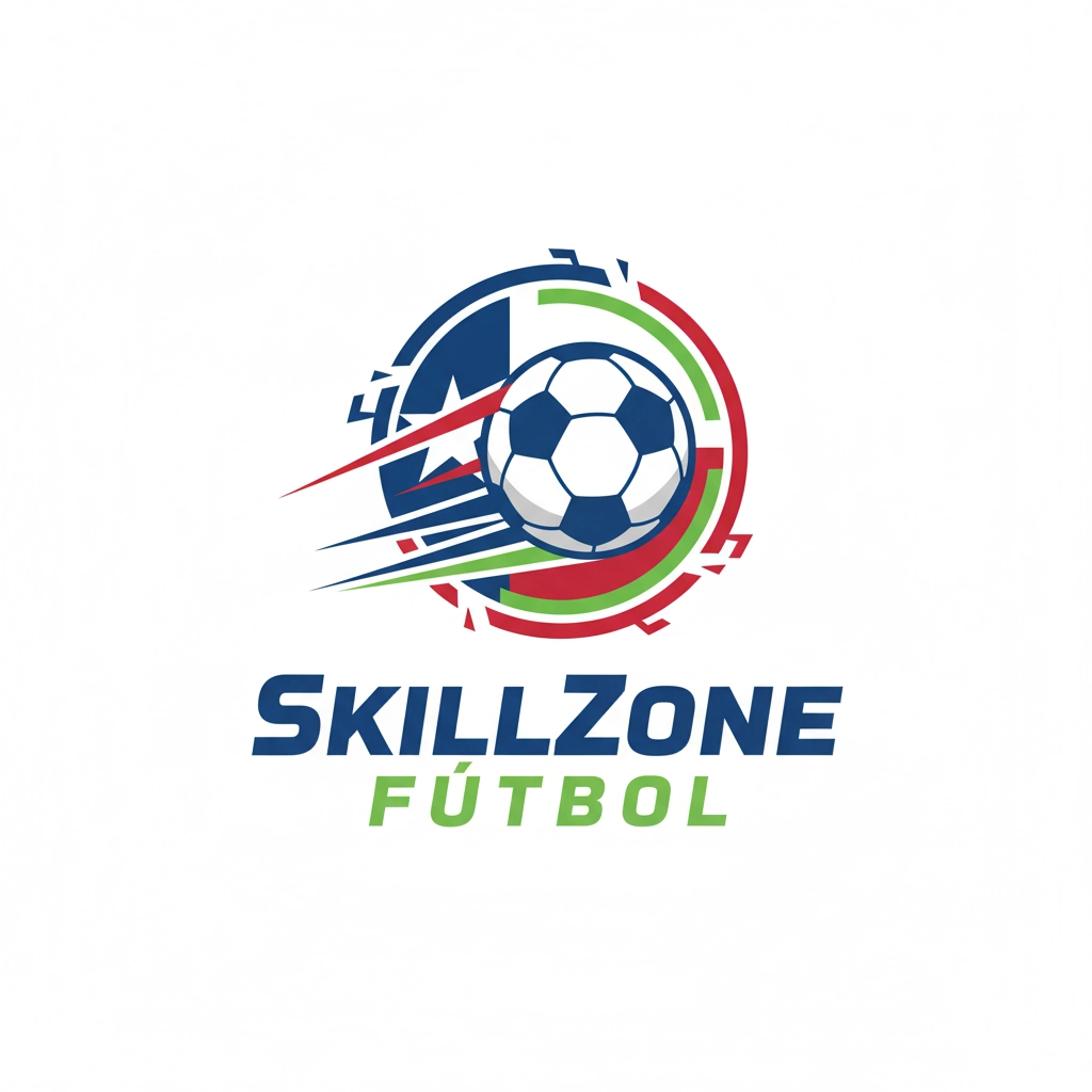 SkillZone Fútbol logo featuring a stylized soccer ball with red, green, and blue dynamic lines and a star.
