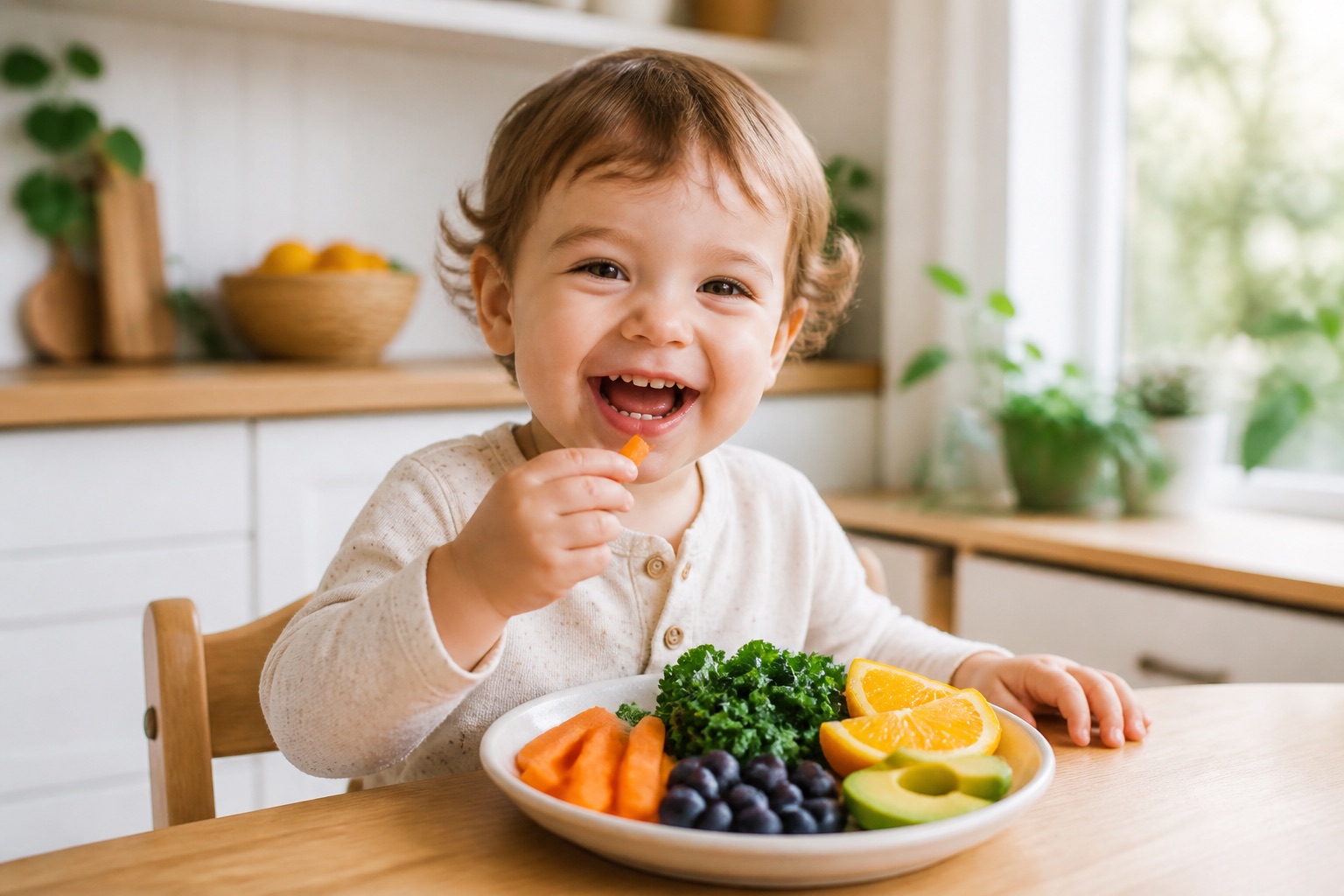 Toddler eating colorful eye-healthy foods