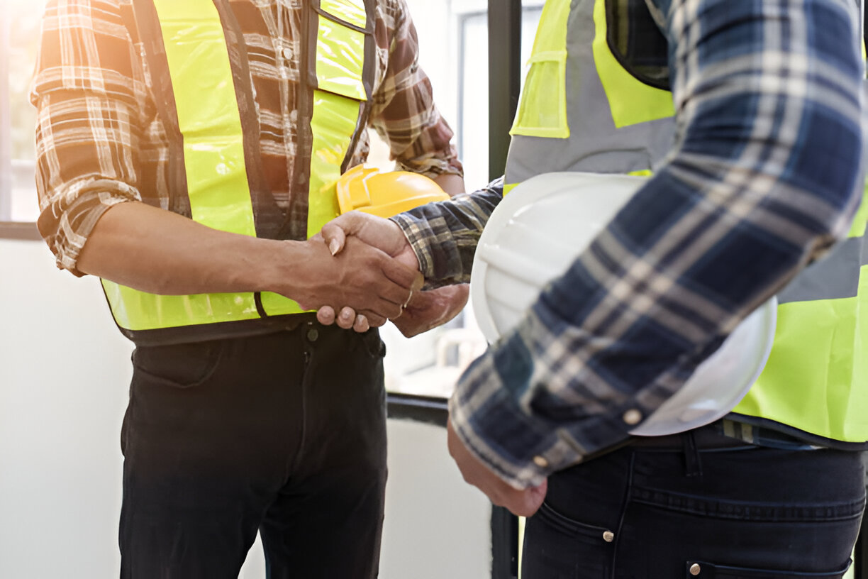 Kaksi rakennusmiestä kättelee, molemmilla on suojaliivit ja toisella keltainen ja toisella valkoinen kypärä.