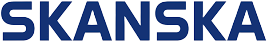 Sinisellä tekstillä "SKANSKA" mustalla taustalla, jossa on metallinen ääriviiva ja valaistus.