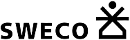 Mustavalkoinen logo, jossa lukee "SWECO" ja sen vieressä on abstrakti ihmishahmo, jonka pää on ympyrä ja kädet ovat ristissä.