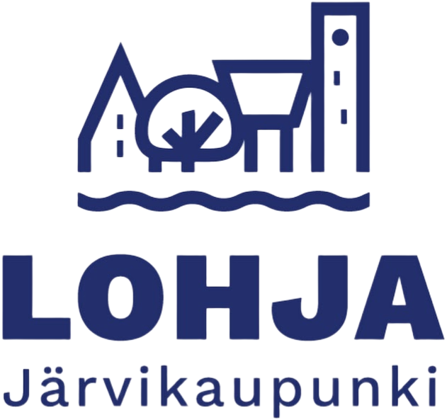 Lohjan vaakuna tummansinisellä värillä, jossa on järvi, rakennuksia ja teksti "LOHJA Järvikaupunki".