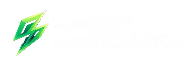 Uudenmaan Energiatekniikka Oy:n logo, jossa on vihreä salamakuvio ja valkoinen teksti mustalla taustalla.
