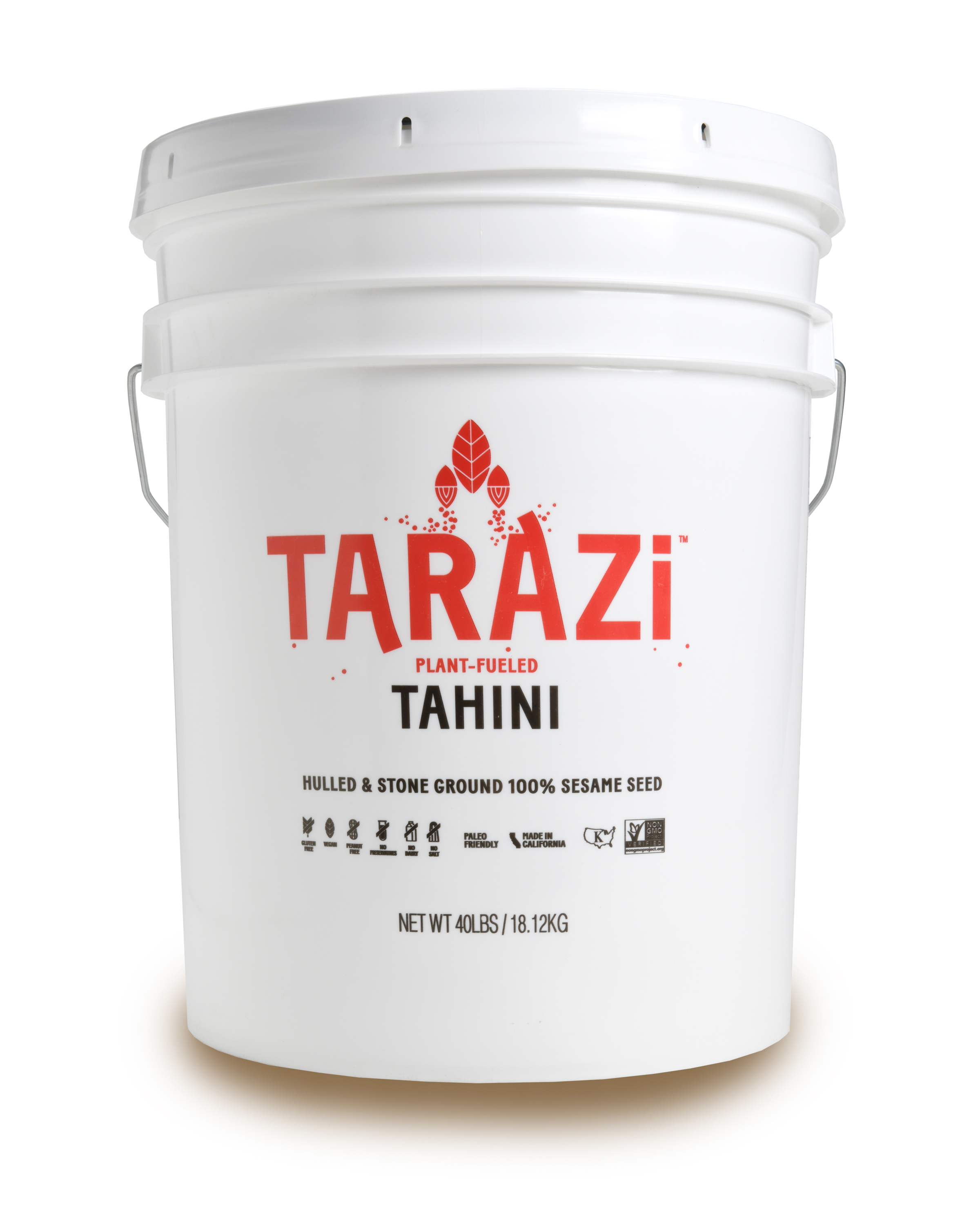 Tarazi Tahini is savory paste made of 100% premium sesame seeds. NO additives, NO chemicals, NO preservatives, and NO salt are added to our product leaving it 100% Natural and Kosher Certified. This product is shipped in a forty pound plastic round pail, an ideal size for industrial and or restaurant use.