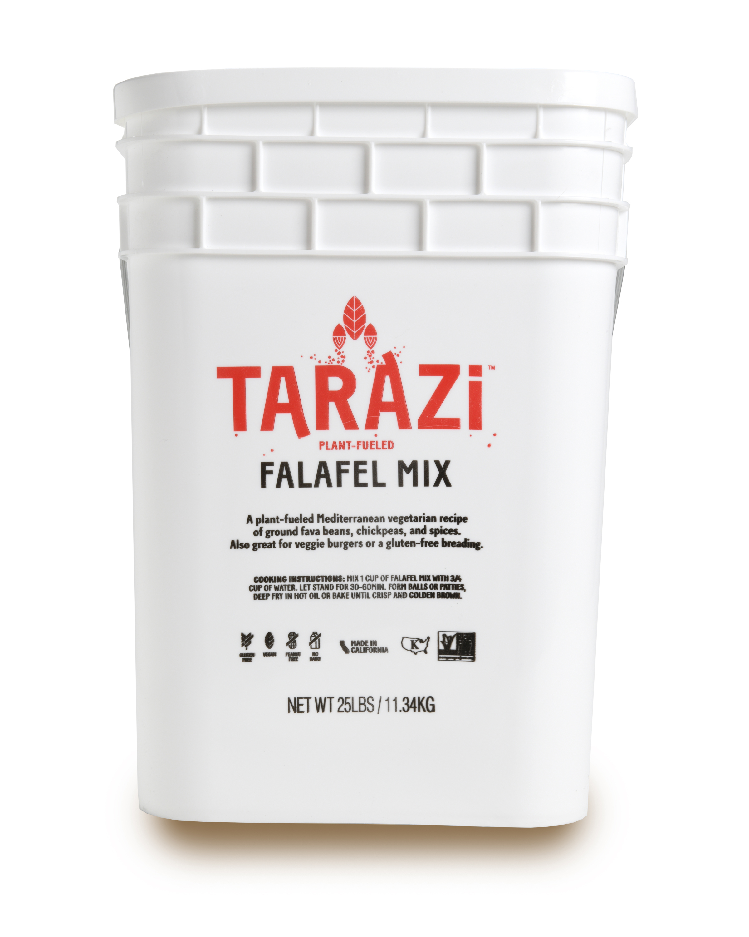 Tarazi Falafel is made of the finest raw materials in the known market. Falafel is a mildly seasoned veggie burger and a great hit among vegetarians. This Mediterranean delight is a high protein food, consists of only natural ingredients, is Kosher Certified, and easy to prepare: just mix – let stand – deep fry or bake. This product is shipped in a twenty five pound square pail, an ideal size for industrial and or restaurant use.