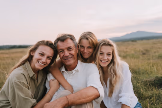 Smiling man with three women sitting closely together in a grassy field during sunset.