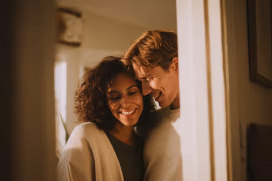 Smiling couple embracing closely indoors with warm lighting.