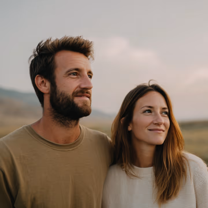 Smiling man with beard and woman with long hair standing outdoors looking into the distance during sunset.