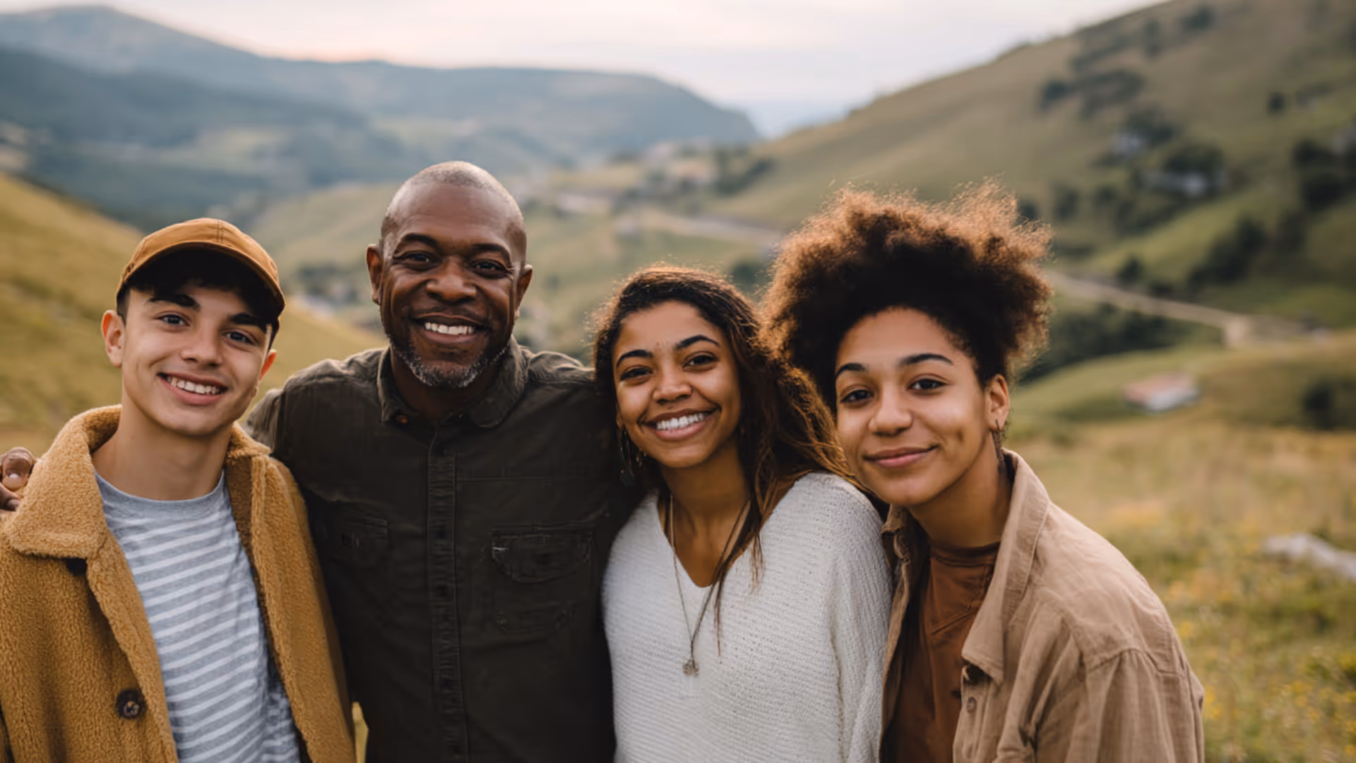 Four smiling diverse people standing close together outdoors with hills in the background.