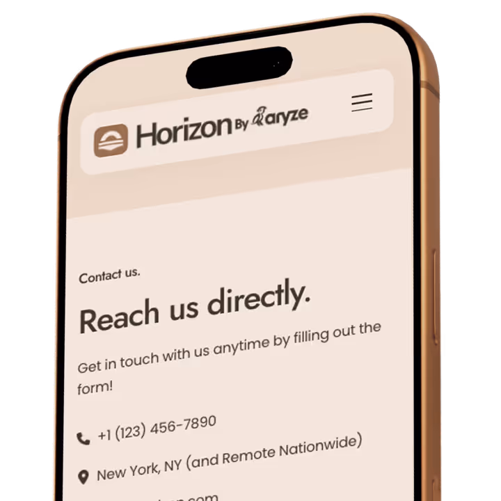 Close-up of a smartphone screen showing a contact page for Horizon by Aryze with a phone number and location in New York, NY.