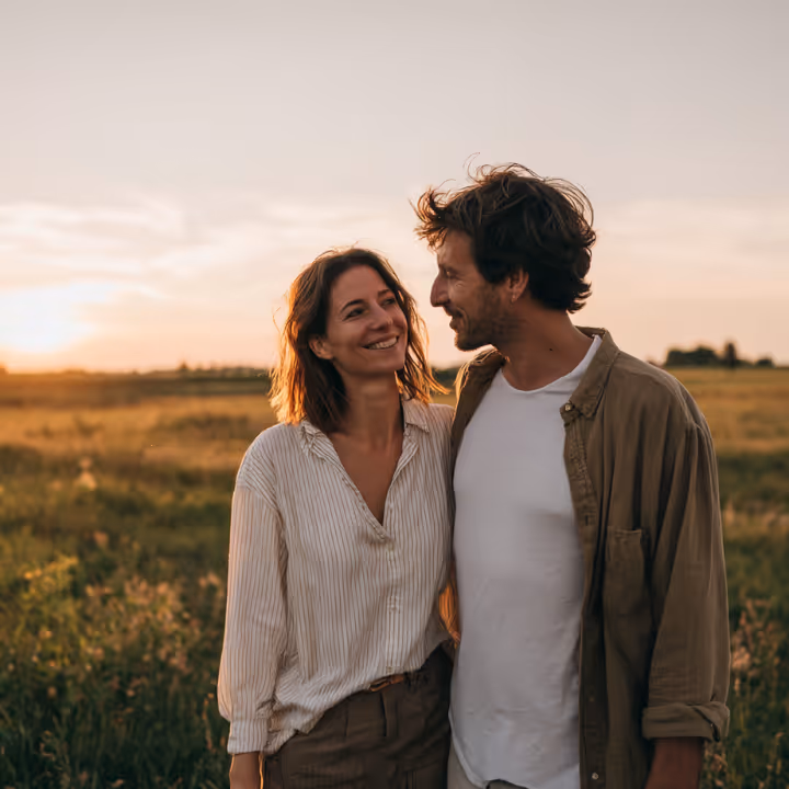 Four smiling diverse people standing close together outdoors with hills in the background.