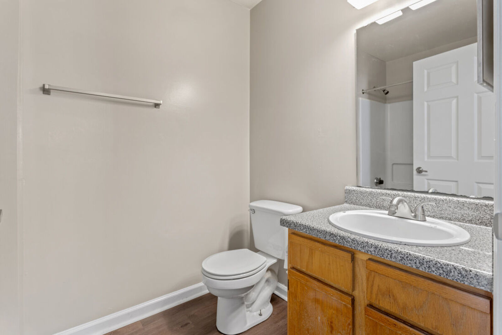 Bathroom with vanity and shower and toilet