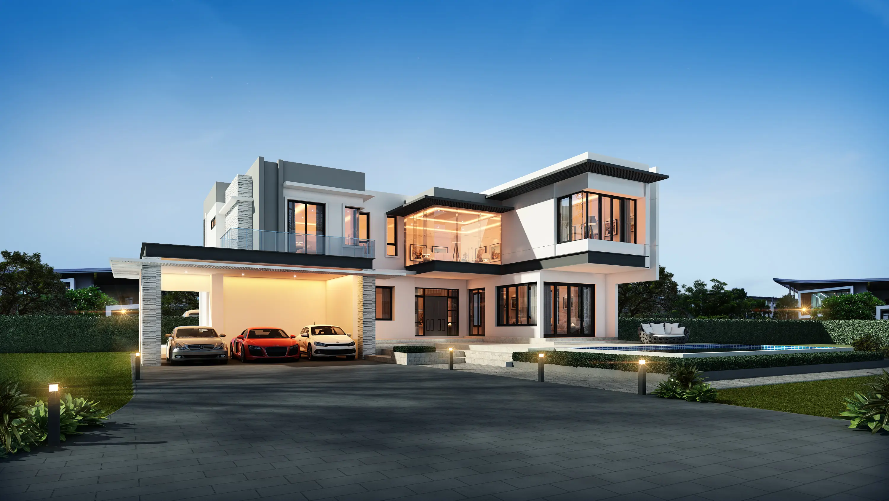 Contemporary two-story house with large windows, a three-car garage, and an illuminated backyard patio and pool area at dusk.