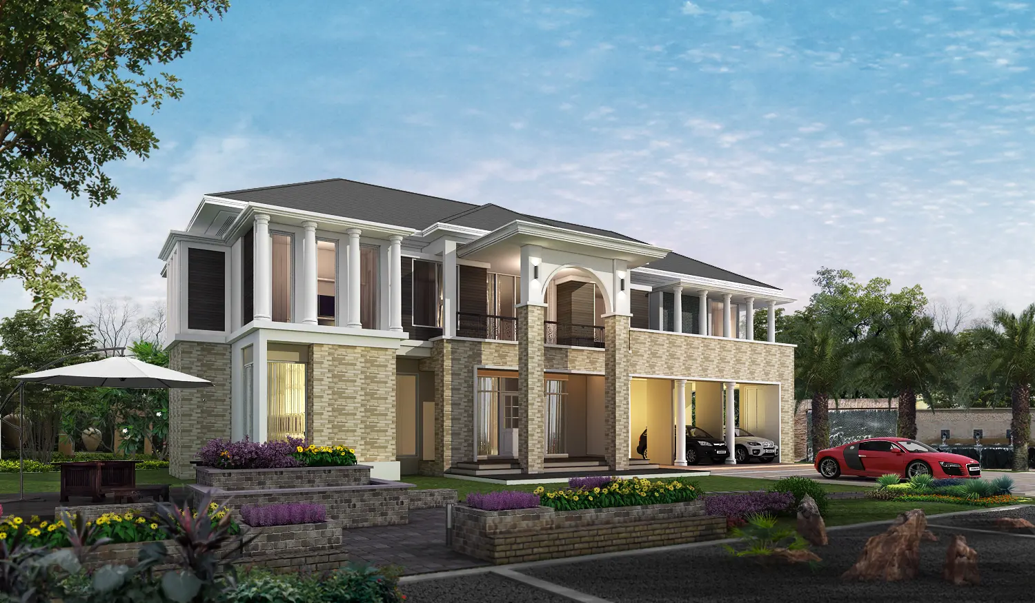 Luxury classic two-story house with large columns, brick exterior, landscaped garden, three-car garage, and parked cars including a red sports car.