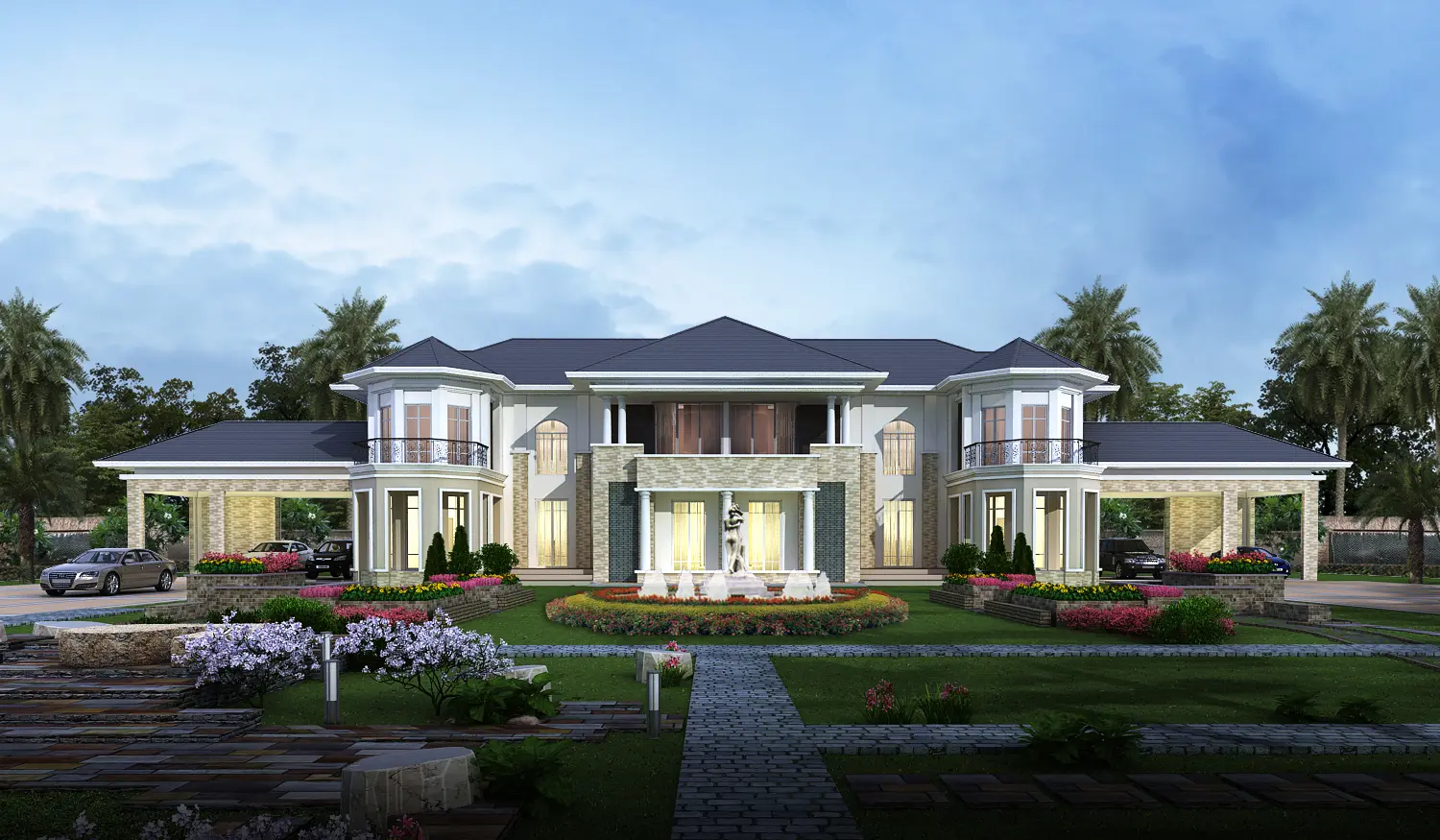 Large luxury classic mansion with symmetrical design, landscaped garden, and fountain in front during twilight.