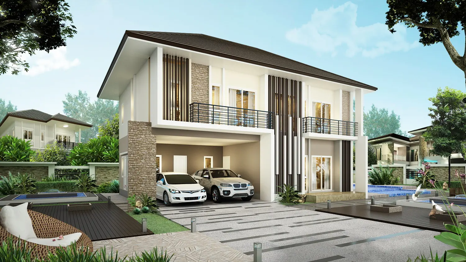 Modern two-story house with a stone and white facade, two cars parked in the garage, outdoor seating area, and surrounding greenery.