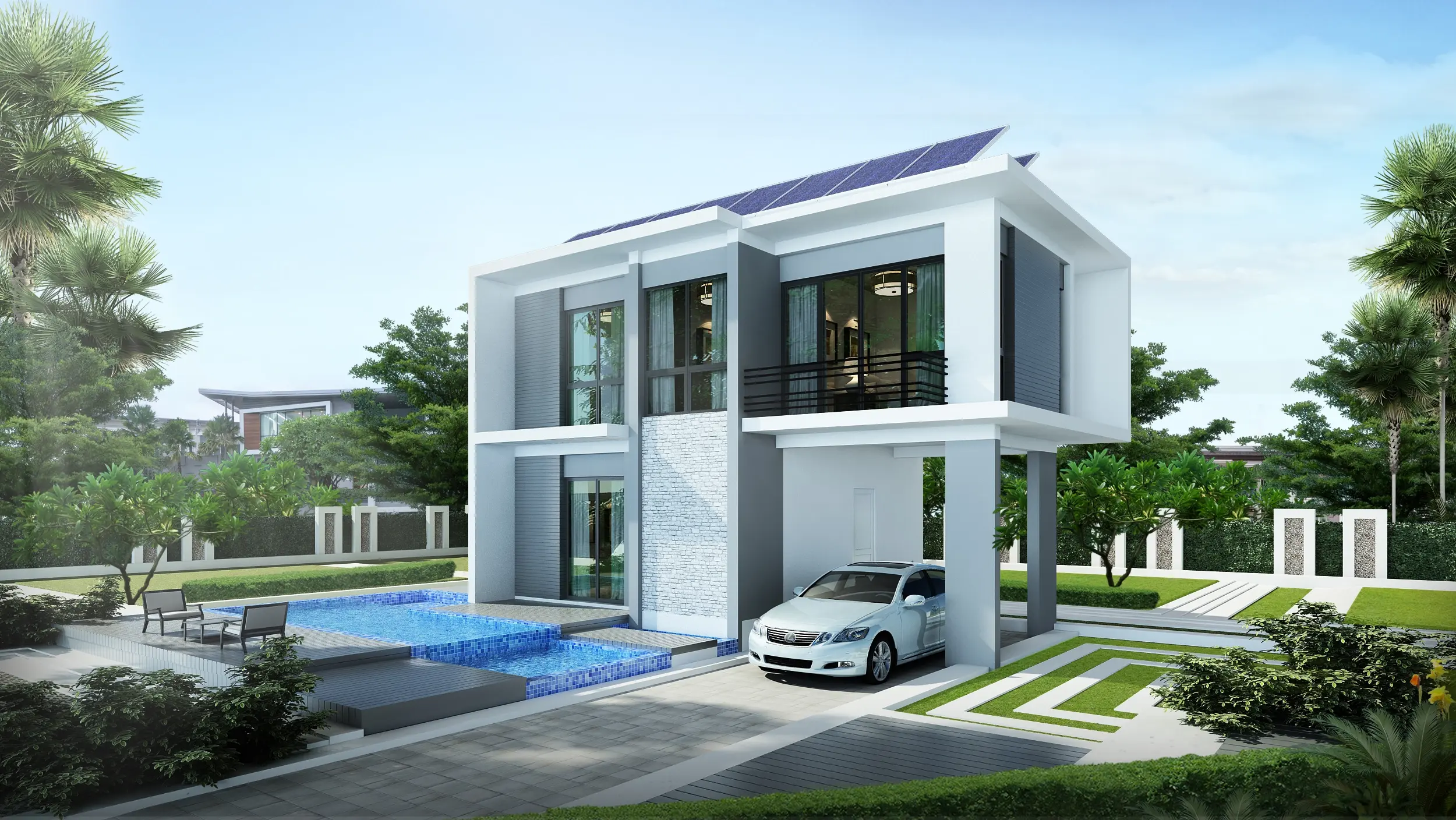 Modern two-story house with solar panels on the roof, a white car parked under a covered area, and a blue tiled pool surrounded by greenery.