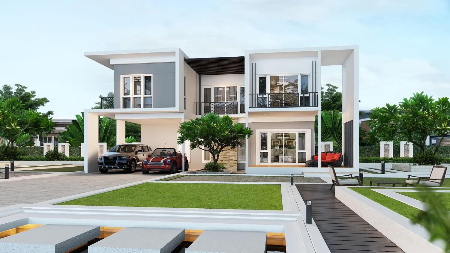 Modern two-story house with a carport containing two cars, a landscaped front yard with green grass, trees, and outdoor seating areas.