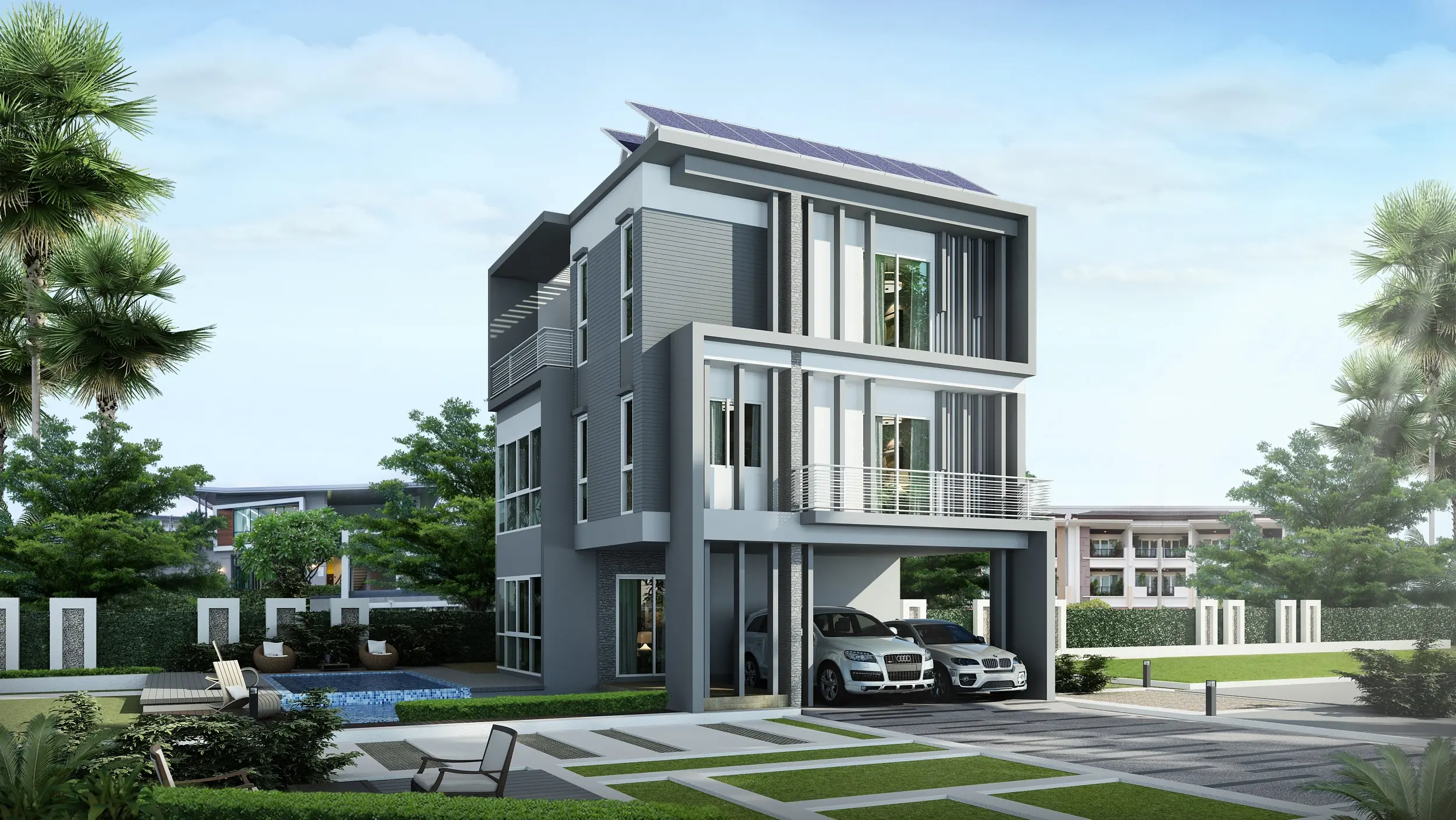 Modern three-story house with solar panels on the roof, a spacious garage with two cars, and a landscaped yard with a small pool and outdoor seating.