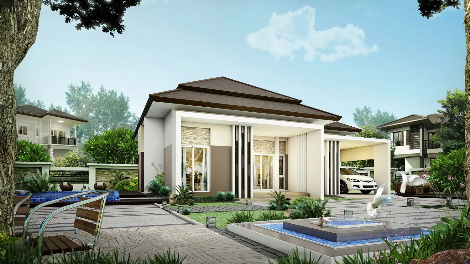 Modern single-story house with a brown roof, white walls with stone accents, a front lawn, fountain, and a car parked in the driveway.