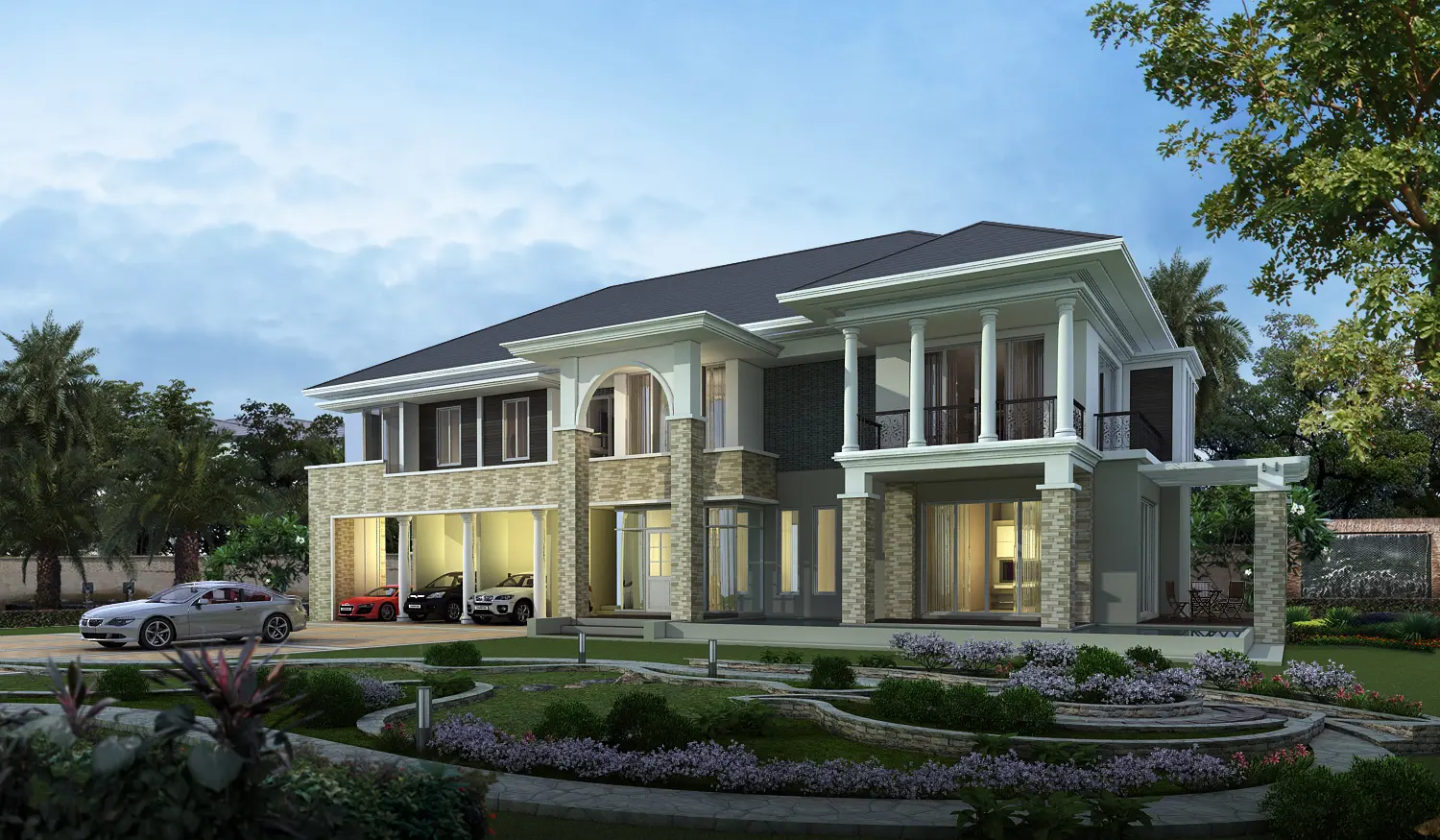Luxury classic two-story house with large windows, columns, a landscaped garden, and cars parked in the driveway.